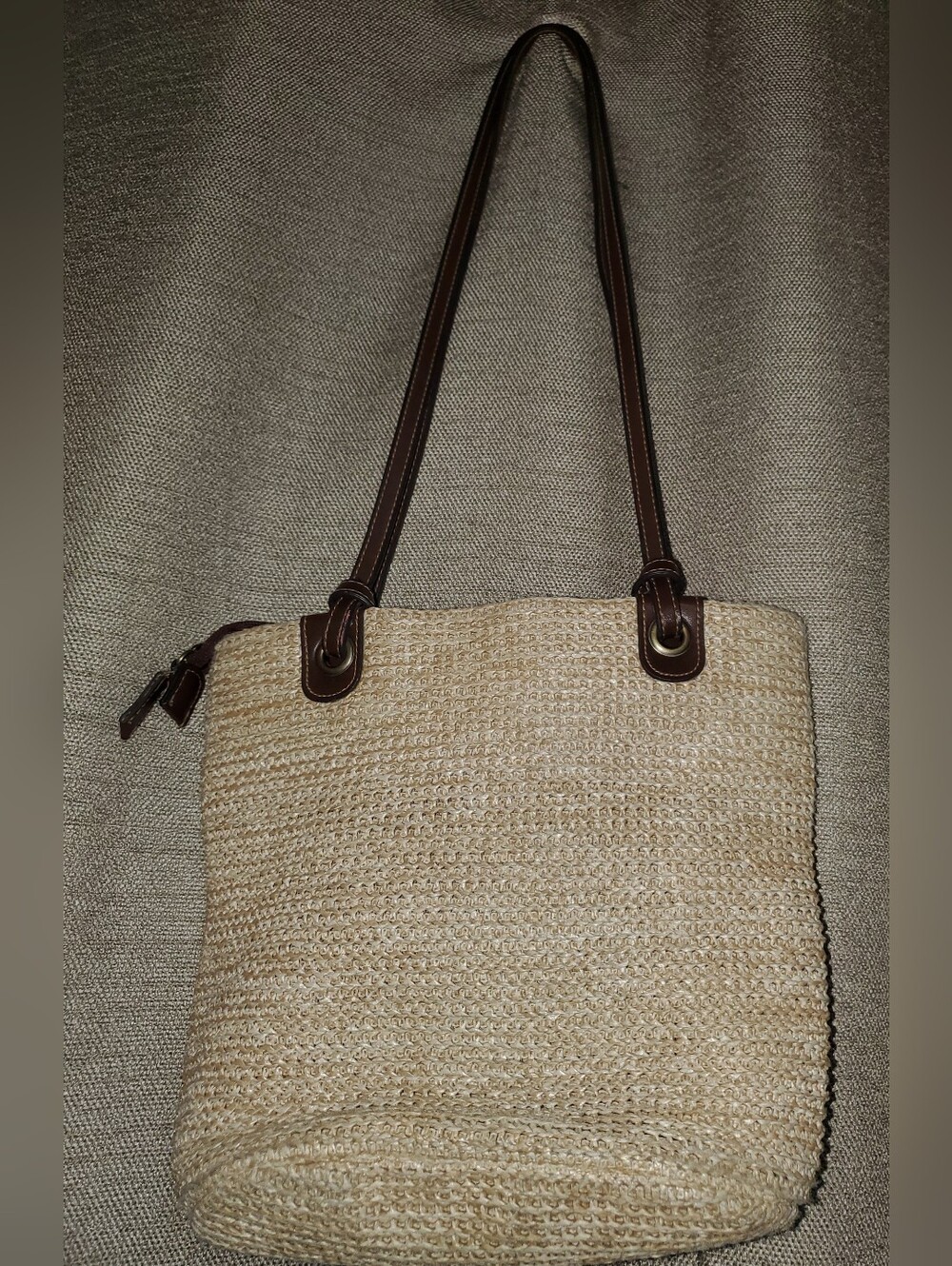 ROSETTI Neutral Poly Woven Purse Brown Trim Long Handles - Picture 3 of 3